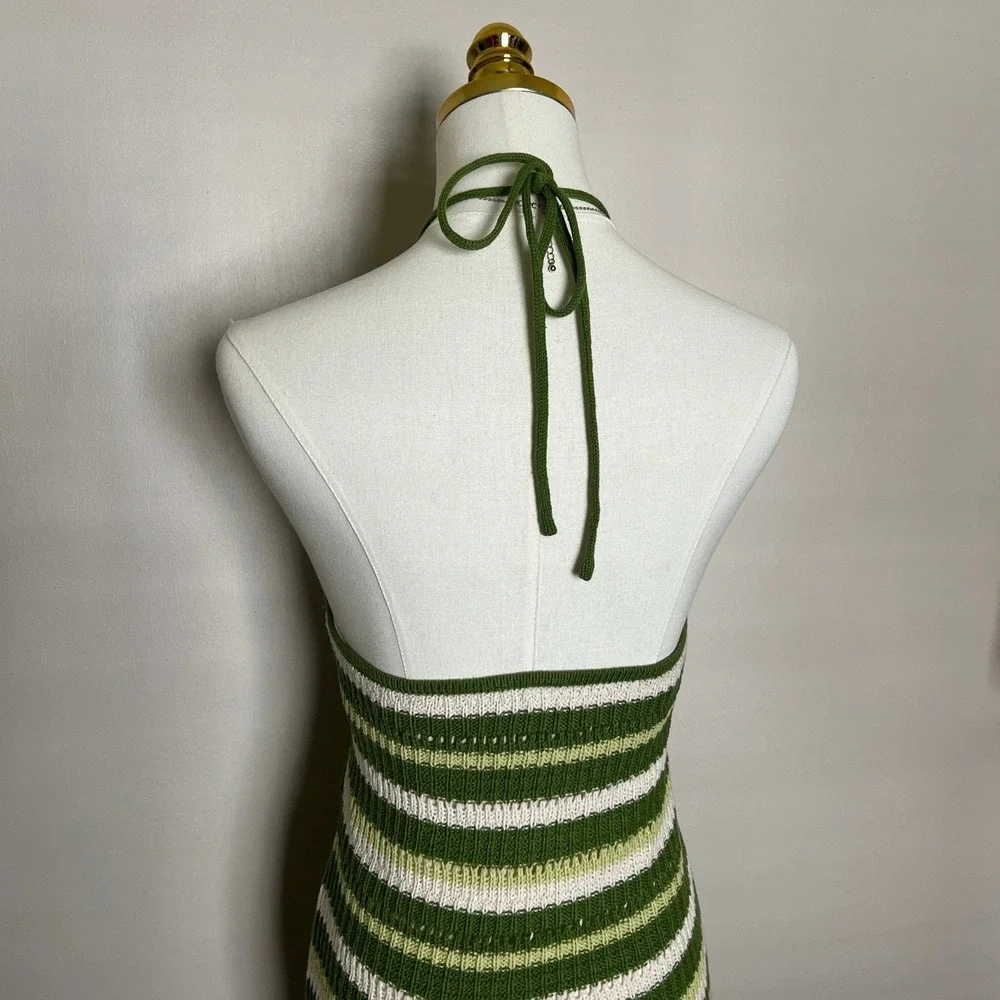 Sincerely Jules Green Striped Crochet Halter Midi Dress Keyhole Cutout Size M‎